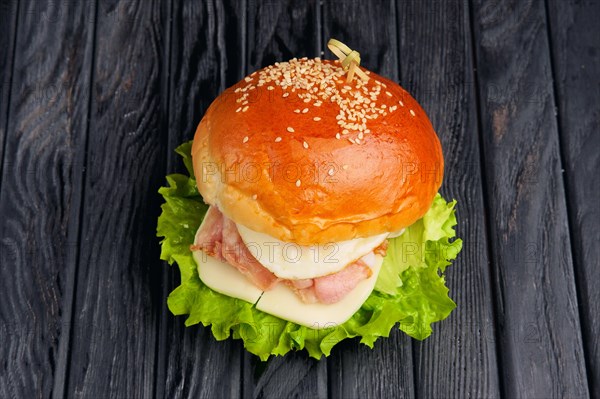 Top view of big Egg burger with mozzarella