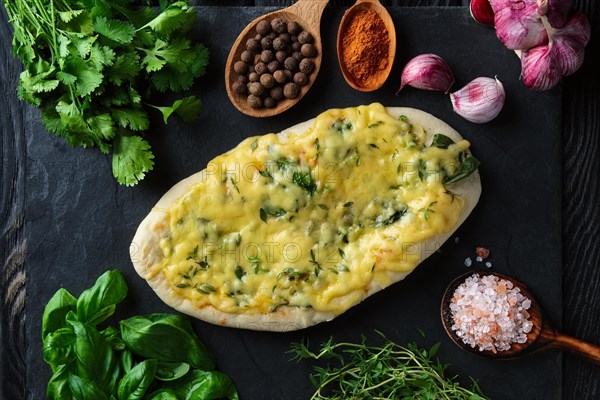 Tasty pita bread baked with herbs and spice surrounded with ingredients