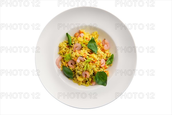 Rice with shrimps isolated on white background