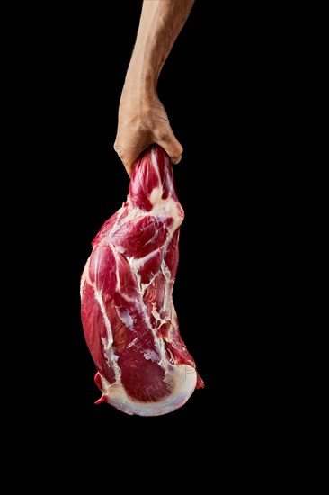 Hand of a butcher holds raw leg of lamb over black background