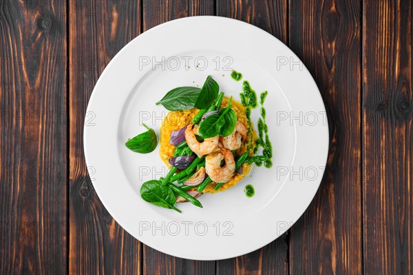 Overhead view of salad with shrimp
