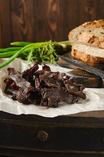 Closeup view of heap of jerky venison as a snack