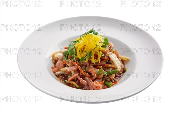 Wok with shrimps and green beans isolated on white background
