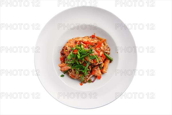 Wok with salmon and green beans isolated on white background