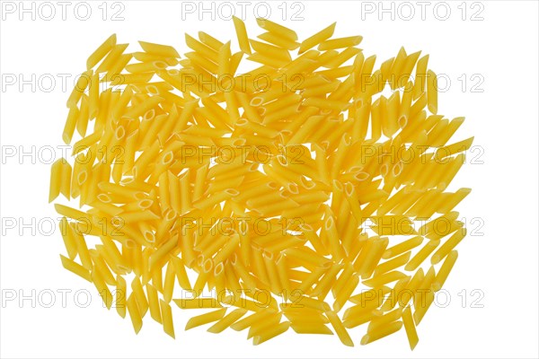 Overhead view of penne pasta isolated on white background