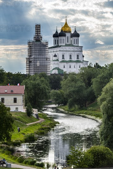 Aerial of the kremlin and Trinity Cathedral in Pskov of the Unesco site Pskov