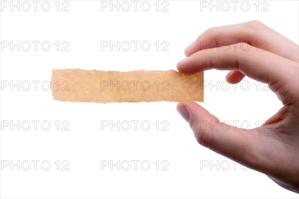 Hand holding a piece of blank torn notepaper