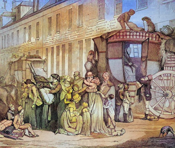 Arrival of a stagecoach at the station at the Louvre