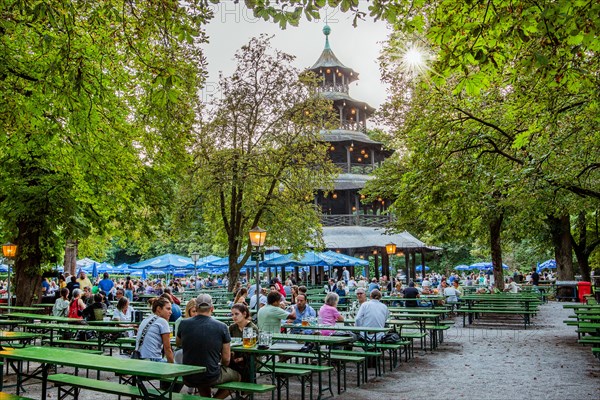 Beer garden at the Chinese Tower in the English Garden in the evening sun