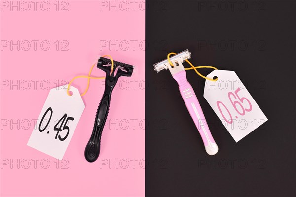 Pink tax and gender stereotypes concept showing pink and black razors marketed to specific genders with different price tags