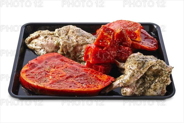 Marinated varieties of meat ready for grilling isolated on white background