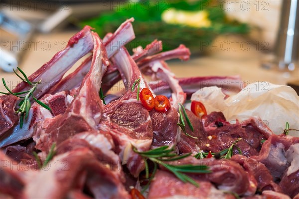 Close up view of fresh lamb saddle on the bone