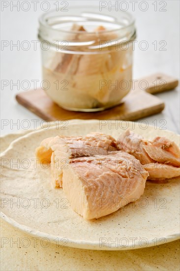 Closeup view of canned sea trout on a plate