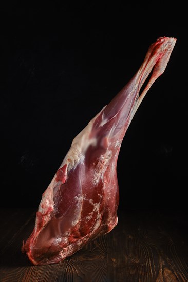 Raw hind quarter of deer leg over dark background