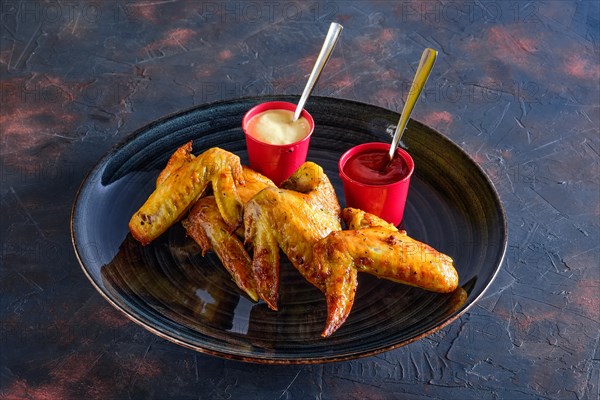 Roasted chicken wings with ketchup and mayonnaise