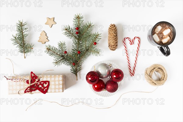 Gift box with fir tree branch coffee cup