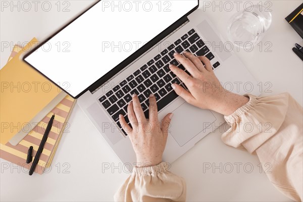 Top view female teacher using laptop during online class. Resolution and high quality beautiful photo