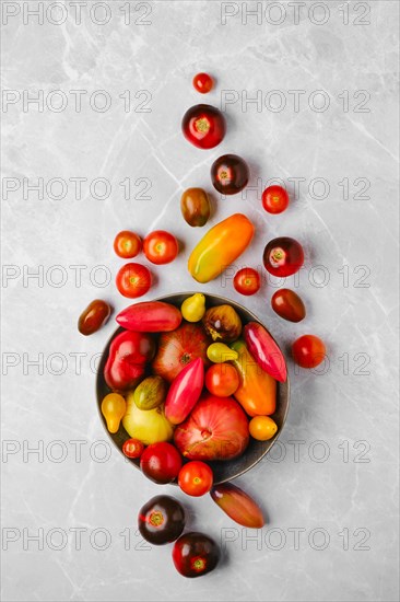Top view of plate with different types of tomatoes