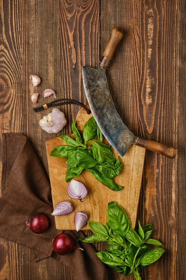 Preparation of simple rustic salad. Basil