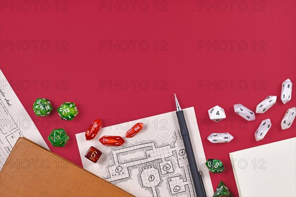 Tabletop role playing flat lay with RPG game dices