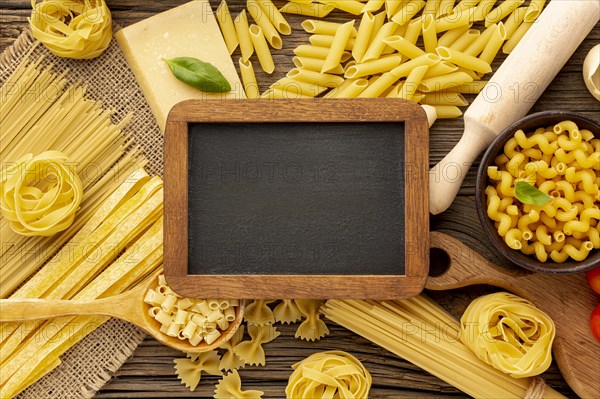 Uncooked pasta with blackboard mock up. Resolution and high quality beautiful photo