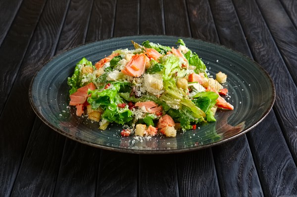 Plate with smoked salmon salad with chips