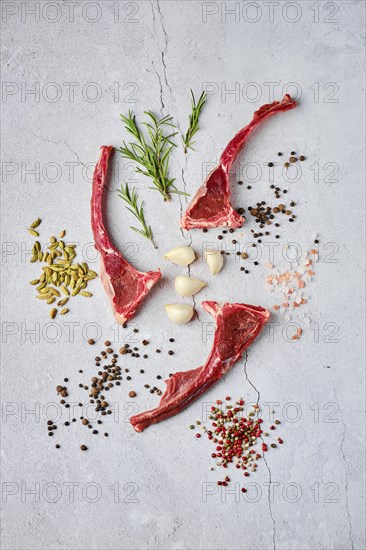 Composition with raw doe ribs with spice and herb over concrete background
