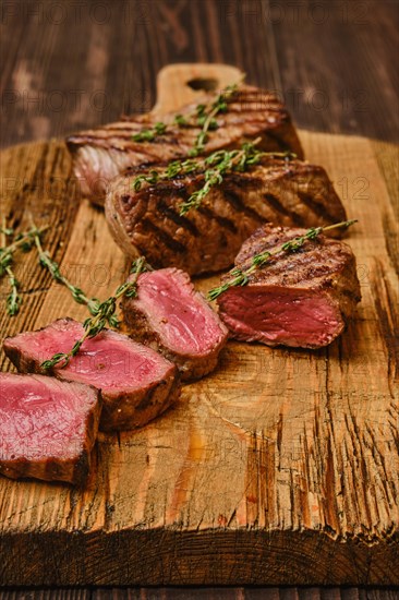 Grilled prime beef steak cut on slices