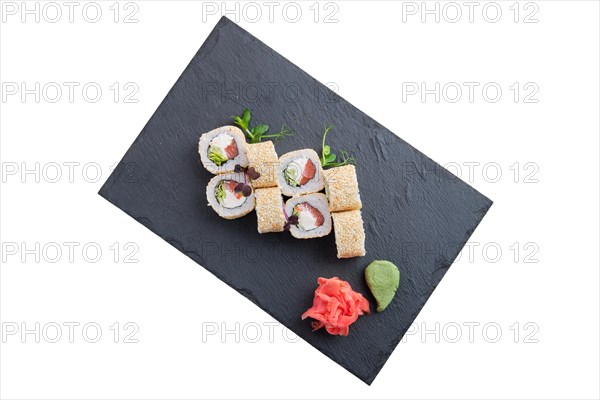 Rolls with salmon and sesame isolated on white background