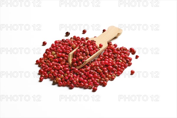 Heap of dry pink pepper on white background