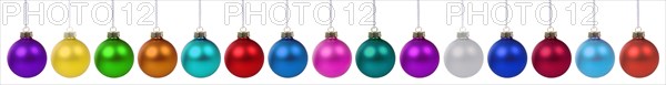 Collage with colourful Christmas balls Christmas decoration Christmas decoration in a row isolated against a white background in Stuttgart