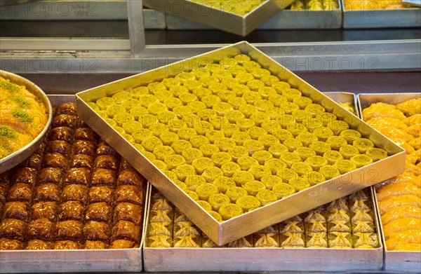 Turkish baklava in tray on display