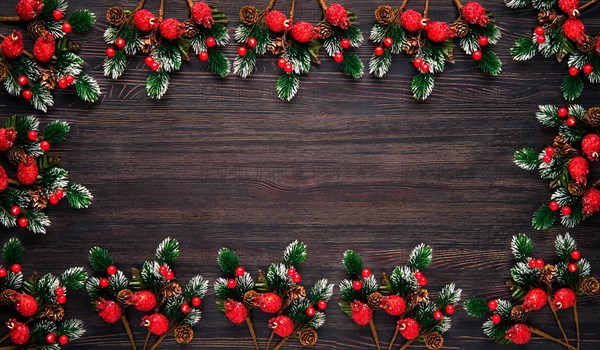 Wooden background with fir branches around the perimeter