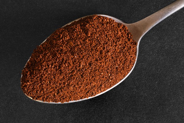 Macro photo of spoon with ground coffee