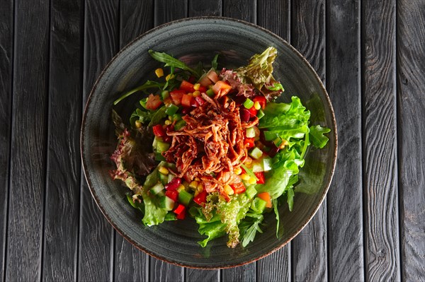 Salad with fresh vegetables and beef