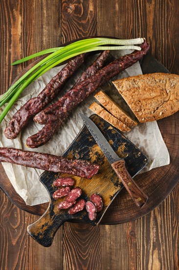 Overhead view of dried sausage made of venison and turkey spicy meat