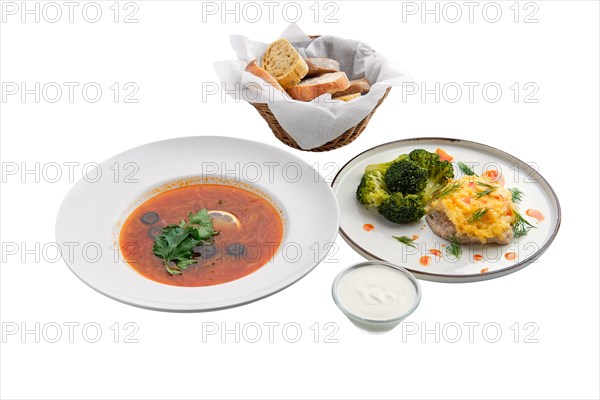 Traditional solyanka sour soup isolated on white background