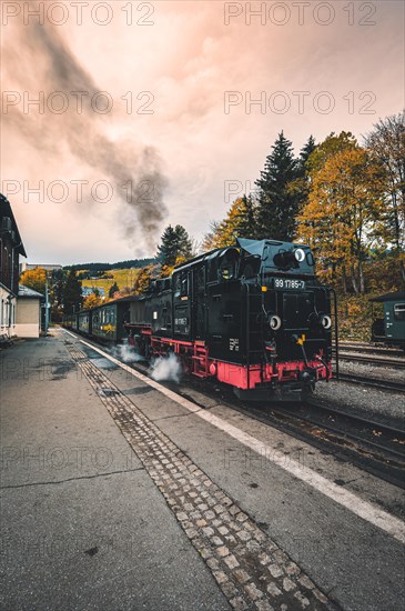 The narrow-gauge railway Fichtelbergbahn shortly in front of the start in Oberwiesenthal at the station