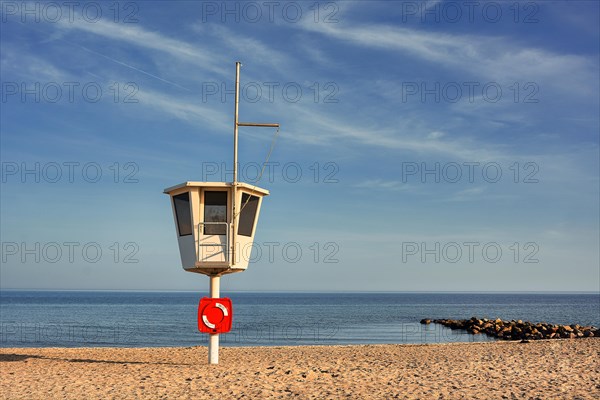 Rescue tower on the empty beach of the seaside resort of Dahme
