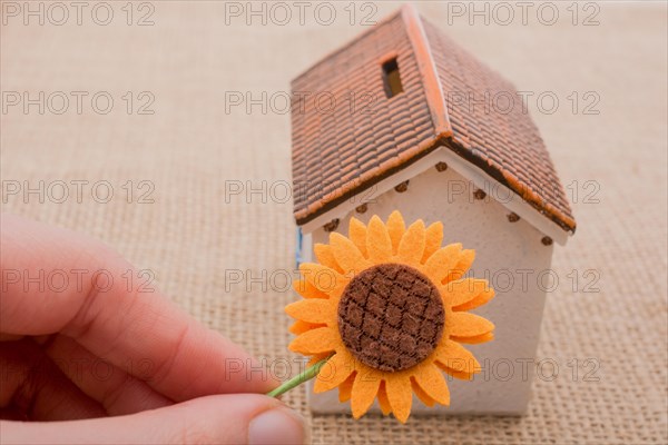 Hand holding fake flower by a model house on a brown color background