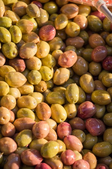 Turkish style prepared olives in the market stands