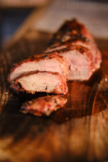 Closeup view of grilled juicy and spicy duck breast steak