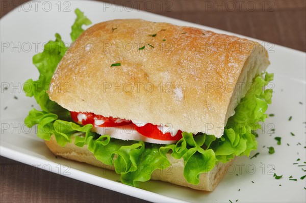 Ciabatta panini sandwich with chicken and tomato. Sandwich stuffed with sausage