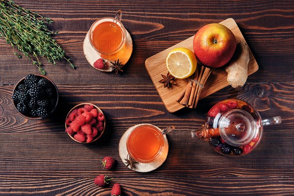 Top view of fruit tea with raspberries