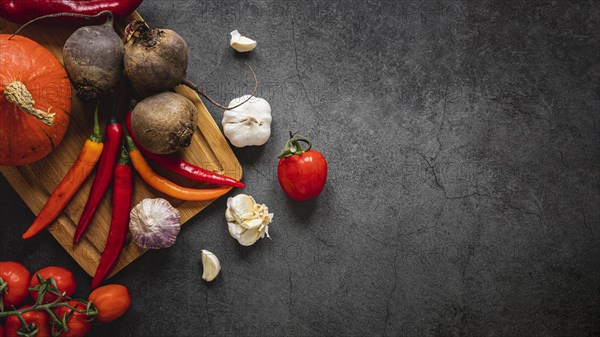 Top view assortment veggies dark copy space background. Resolution and high quality beautiful photo