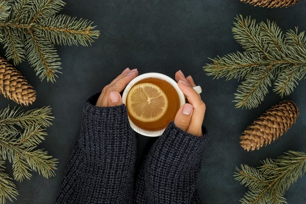 Cute winter concept with woman holding cup of tea