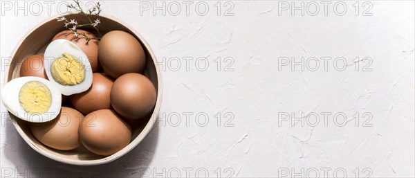 Top view bowl with eggs copy space. Resolution and high quality beautiful photo