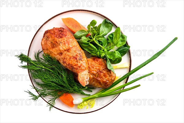 Stuffed chicken thigh decorated with spring onion