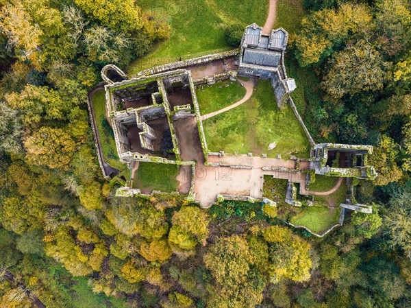 Top Down over Berry Pomeroy Castle from a dron
