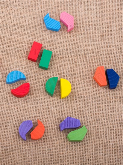 Colorful wooden pieces of a logic puzzle